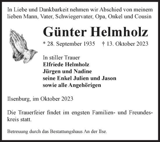 Traueranzeige von Günter Helmholz von Volksstimme Wernigerode