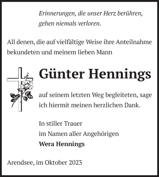 Traueranzeige von Günter Hennings von Volksstimme Altmark West
