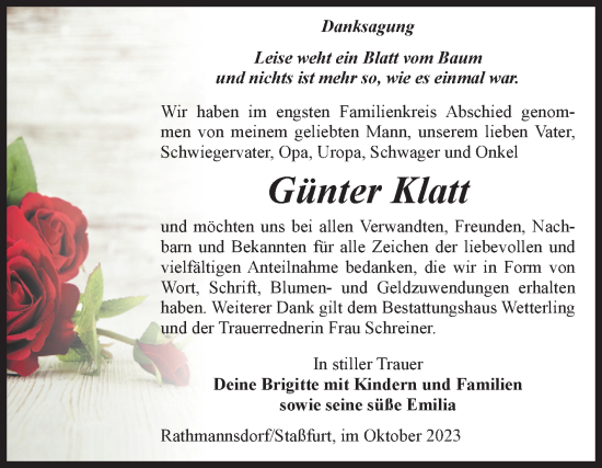 Traueranzeige von Günter Klatt von Volksstimme Staßfurt