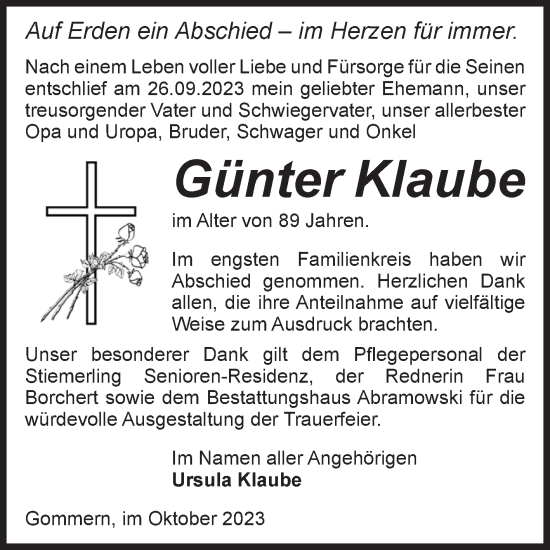 Traueranzeige von Günter Klaube von Volksstimme Burg/Genthin
