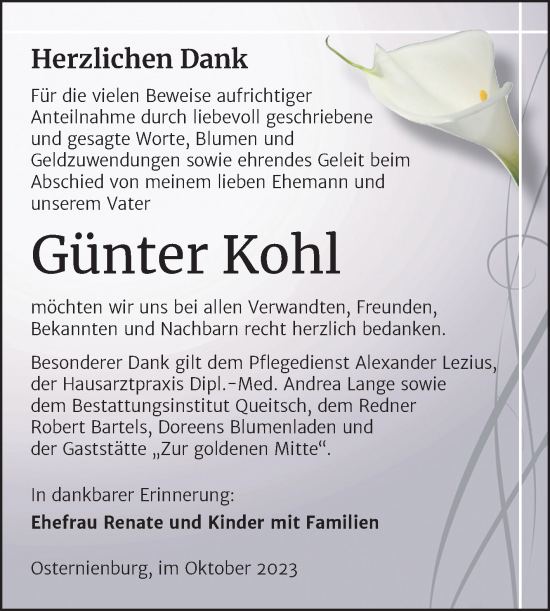 Traueranzeige von Günter Kohl von Trauerkombi Köthen