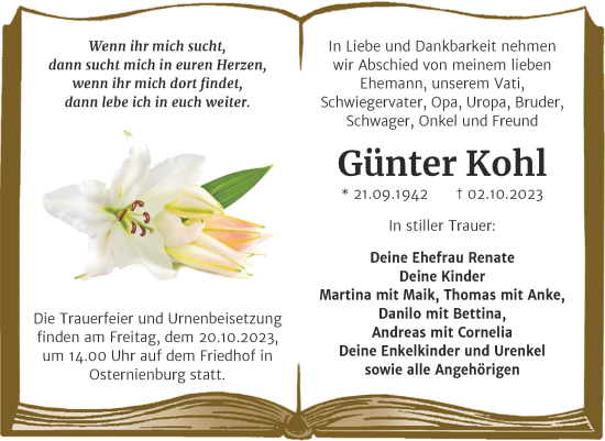 Traueranzeige von Günter Kohl von Trauerkombi Köthen