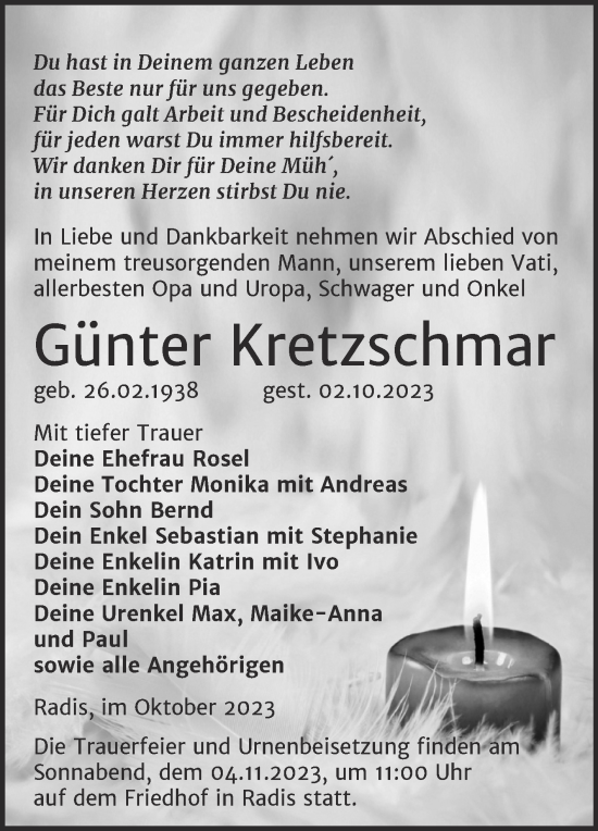 Traueranzeige von Günter Kretzschmar von Trauerkombi Wittenberg