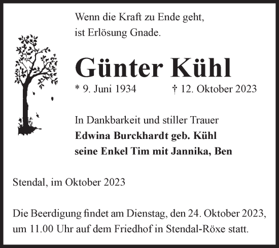 Traueranzeige von Günter Kühl von Volksstimme Altmark Ost