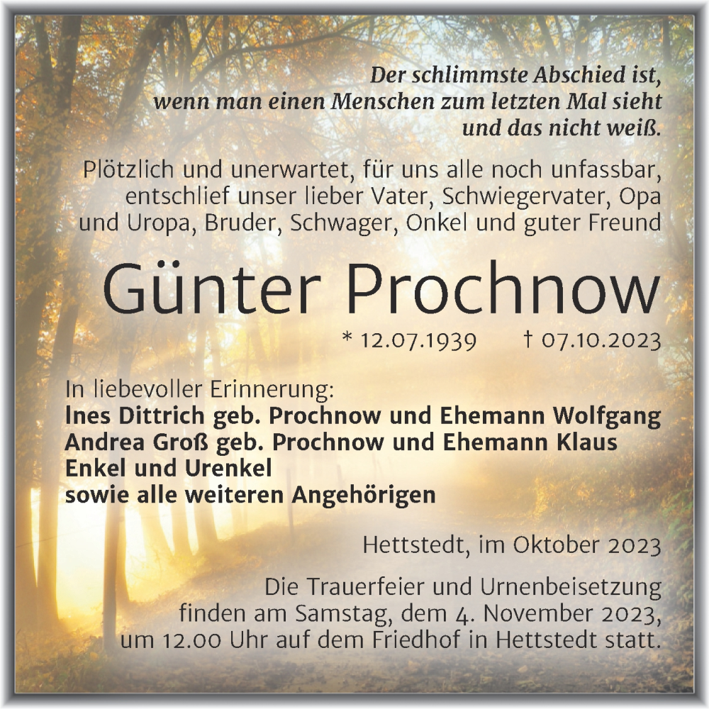  Traueranzeige für Günter Prochnow vom 21.10.2023 aus Trauerkombi Mansfelder Land
