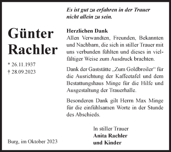 Traueranzeige von Günter Rachler von Volksstimme Burg/Genthin