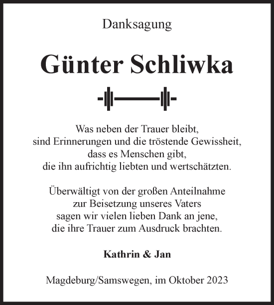 Traueranzeige von Günter Schliwka von Volksstimme Haldensleben/Wolmirstedt