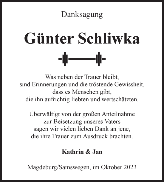 Traueranzeige von Günter Schliwka von Volksstimme Magdeburg