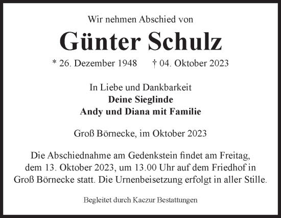 Traueranzeige von Günter Schulz von Volksstimme Staßfurt