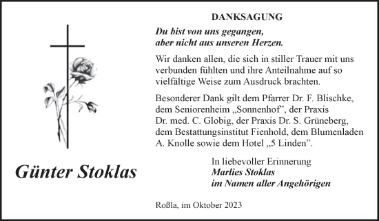 Traueranzeige von Günter Stoklas von Trauerkombi Sangerhausen