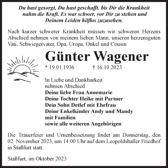 Traueranzeige von Günter Wagener von Volksstimme Staßfurt