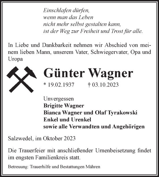 Traueranzeige von Günter Wagner von Volksstimme Altmark West