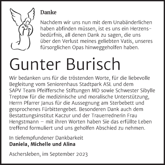 Traueranzeige von Gunter Burisch von Trauerkombi Aschersleben