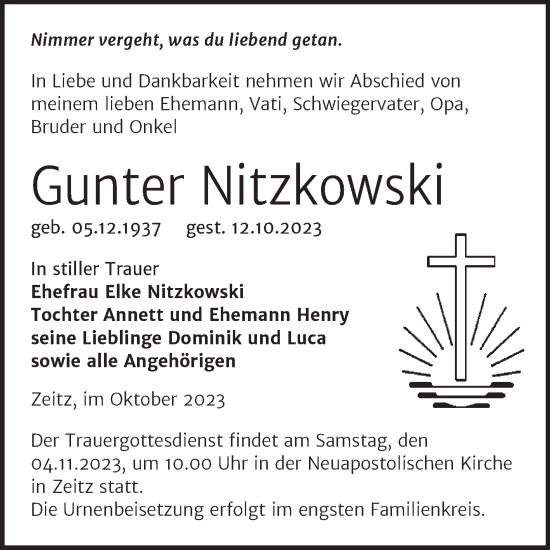 Traueranzeige von Gunter Nitzkowski von Trauerkombi Zeitz