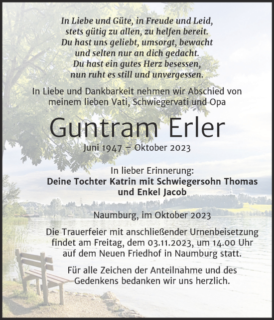 Traueranzeige von Guntram Erler von Naumburger Tageblatt