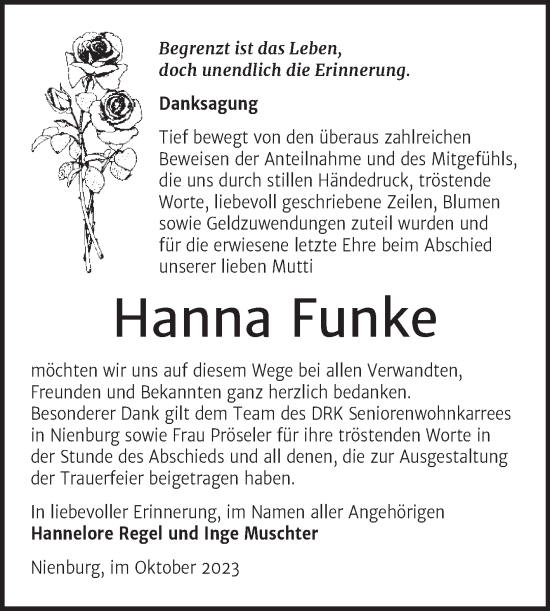 Traueranzeige von Hanna Funke von Trauerkombi Bernburg