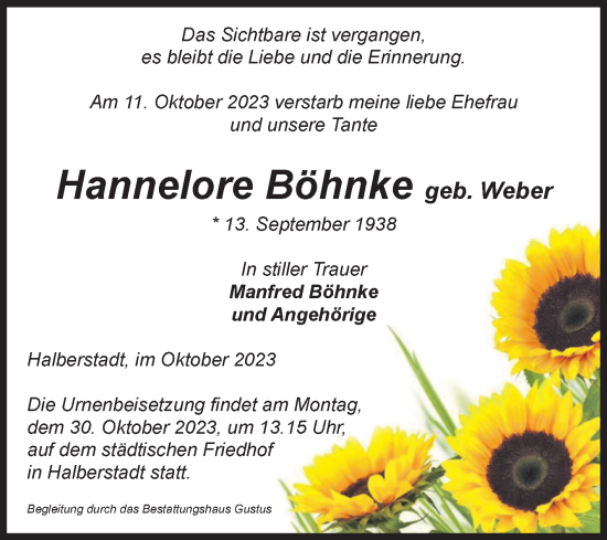 Traueranzeige von Hannelore Böhnke von Volksstimme Halberstadt