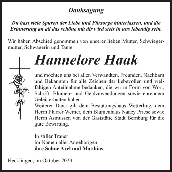 Traueranzeige von Hannelore Haak von Volksstimme Staßfurt