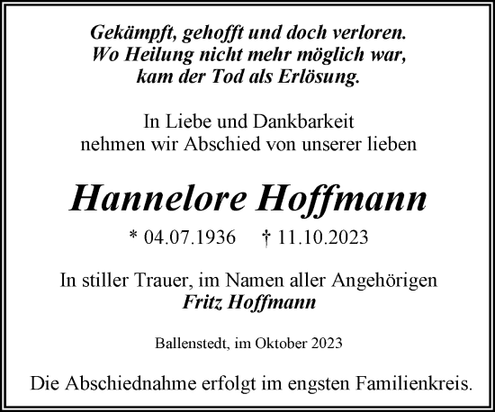 Traueranzeige von Hannelore Hoffmann von Trauerkombi Quedlinburg