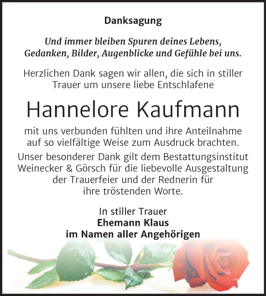 Traueranzeige von Hannelore Kaufmann von Trauerkombi Bernburg