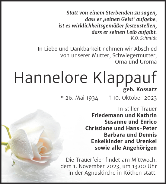 Traueranzeige von Hannelore Klappauf von Trauerkombi Köthen
