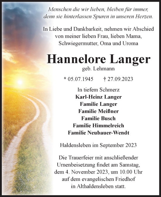 Traueranzeige von Hannelore Langer von Volksstimme Haldensleben/Wolmirstedt
