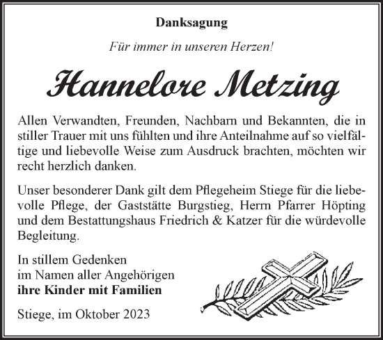 Traueranzeige von Hannelore Metzing von Volksstimme Wernigerode
