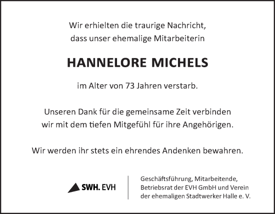 Traueranzeige von Hannelore Michels von Mitteldeutsche Zeitung Halle/Saalkreis