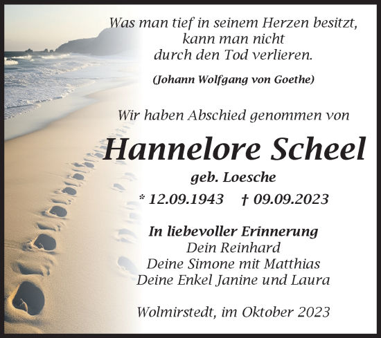 Traueranzeige von Hannelore Scheel von Volksstimme Haldensleben/Wolmirstedt