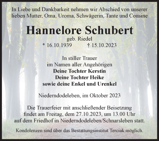 Traueranzeige von Hannelore Schubert von Volksstimme Haldensleben/Wolmirstedt