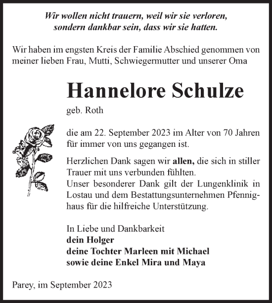 Traueranzeige von Hannelore Schulze von Volksstimme Burg/Genthin