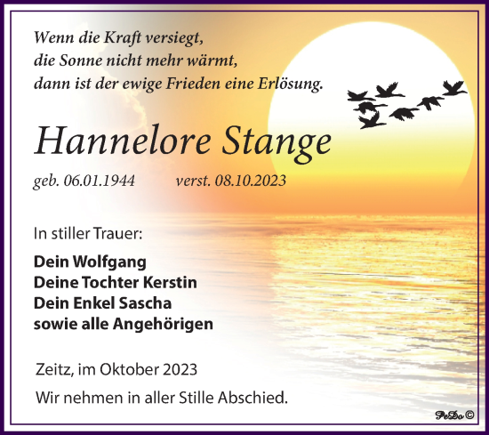 Traueranzeige von Hannelore Stange von Trauerkombi Zeitz