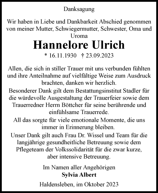 Traueranzeige von Hannelore Ulrich von Volksstimme Haldensleben/Wolmirstedt