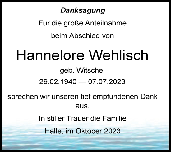 Traueranzeige von Hannelore Wehlisch von Mitteldeutsche Zeitung Halle/Saalkreis