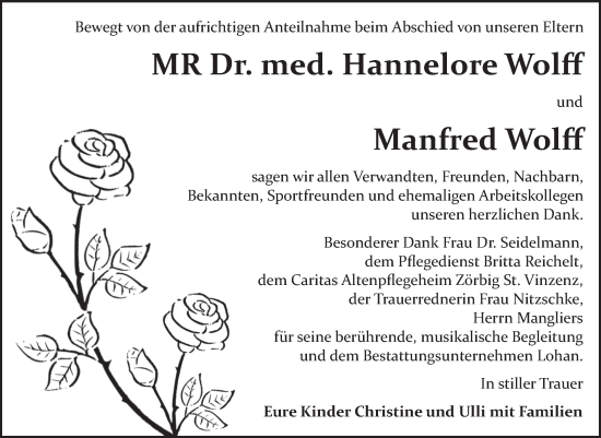 Traueranzeige von Hannelore und Manfred Wolff von Trauerkombi Bitterfeld