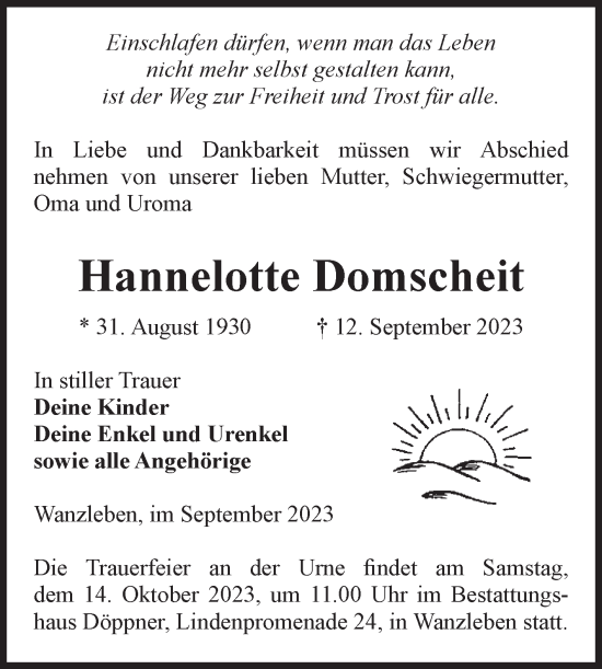 Traueranzeige von Hannelotte Domscheit von Volksstimme Oschersleben/Wanzleben