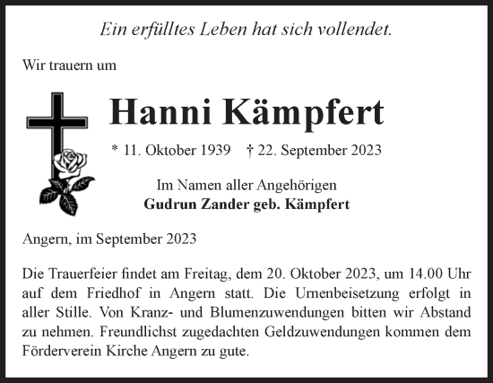 Traueranzeige von Hanni Kämpfert von Volksstimme Haldensleben/Wolmirstedt