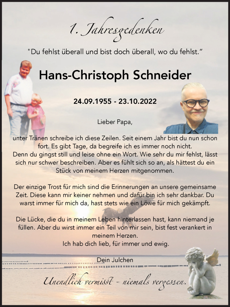  Traueranzeige für Hans-Christoph Schneider vom 21.10.2023 aus Trauerkombi Sangerhausen