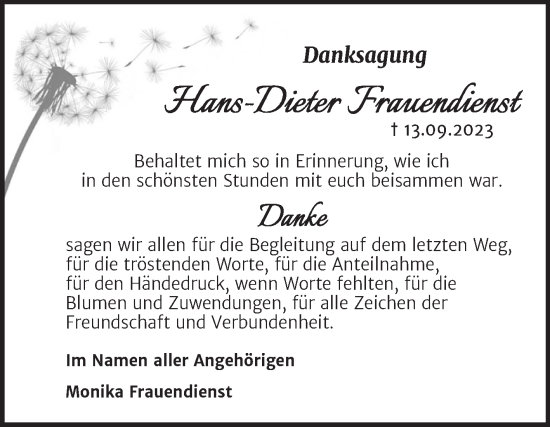 Traueranzeige von Hans-Dieter Frauendienst von Trauerkombi Dessau