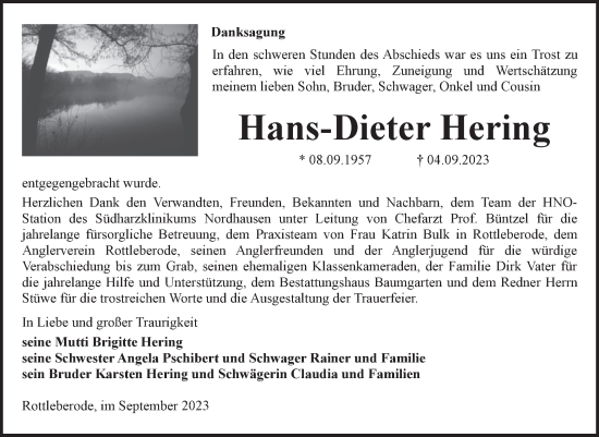 Traueranzeige von Hans-Dieter Hering von Trauerkombi Sangerhausen