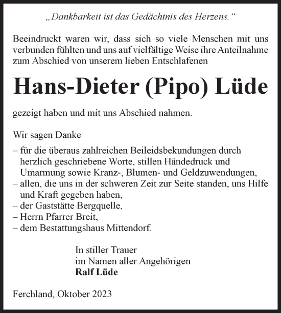 Traueranzeige von Hans-Dieter Lüde von Volksstimme Burg/Genthin