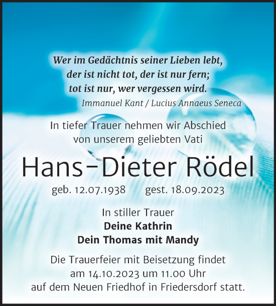 Traueranzeige von Hans-Dieter Rödel von Trauerkombi Bitterfeld