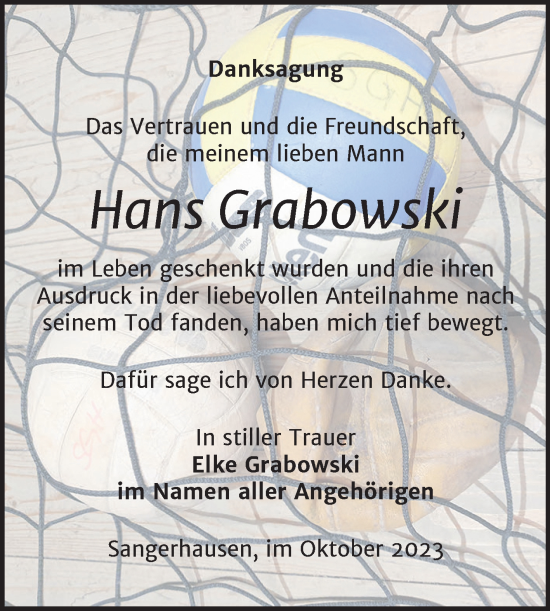 Traueranzeige von Hans Grabowski von Trauerkombi Sangerhausen