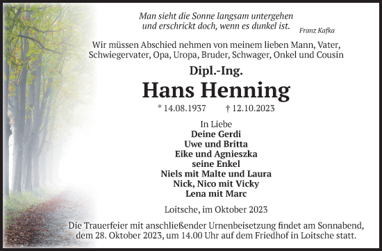 Traueranzeige von Hans Henning von Volksstimme Haldensleben/Wolmirstedt