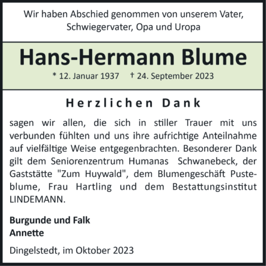 Traueranzeige von Hans-Hermann Blume von Volksstimme Halberstadt