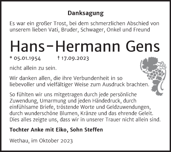 Traueranzeige von Hans-Hermann Gens von Naumburger Tageblatt