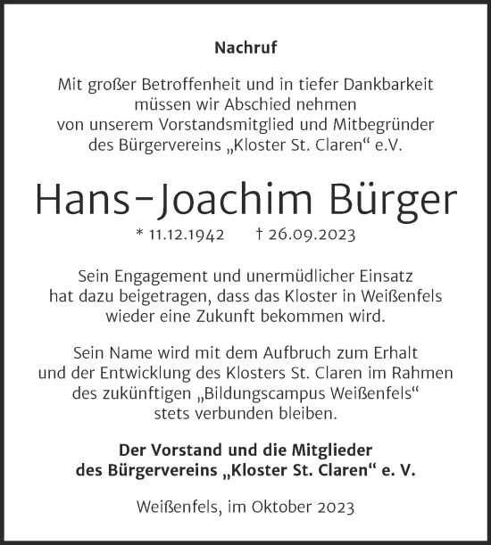 Traueranzeige von Hans-Joachim Bürger von Trauerkombi Weißenfels