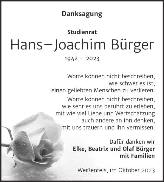 Traueranzeige von Hans-Joachim Bürger von Trauerkombi Weißenfels