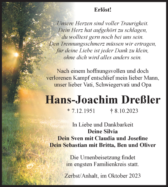 Traueranzeige von Hans-Joachim Dreßler von Volksstimme Zerbst