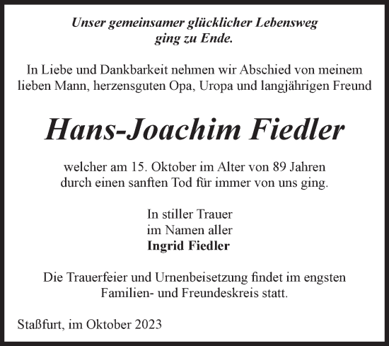 Traueranzeige von Hans-Joachim Fiedler von Volksstimme Staßfurt